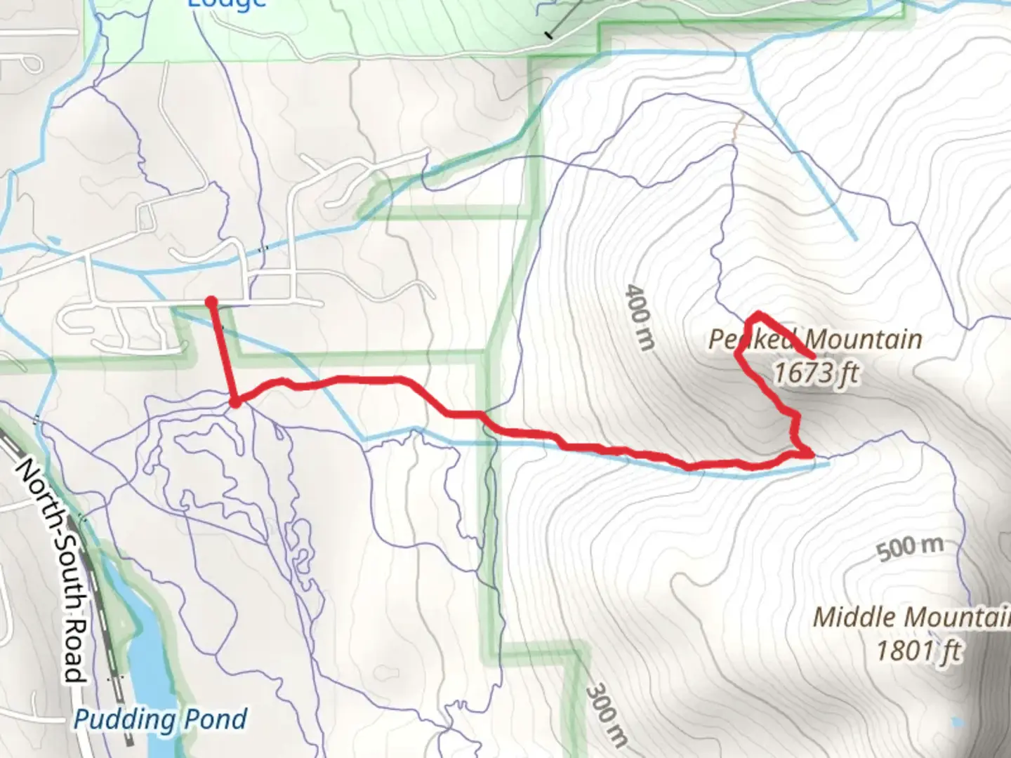 An image depicting the trail Peaked Mountain from Thompson Road and its surrounding area.