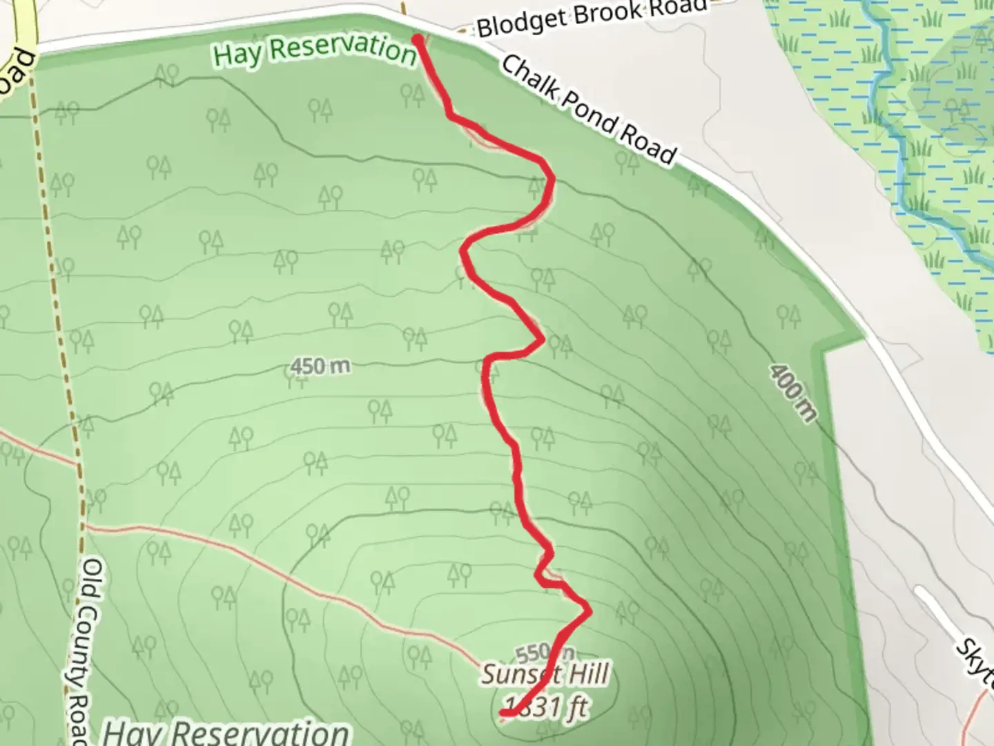An image depicting the trail Sunset Hill from Chalk Pond Road and its surrounding area.