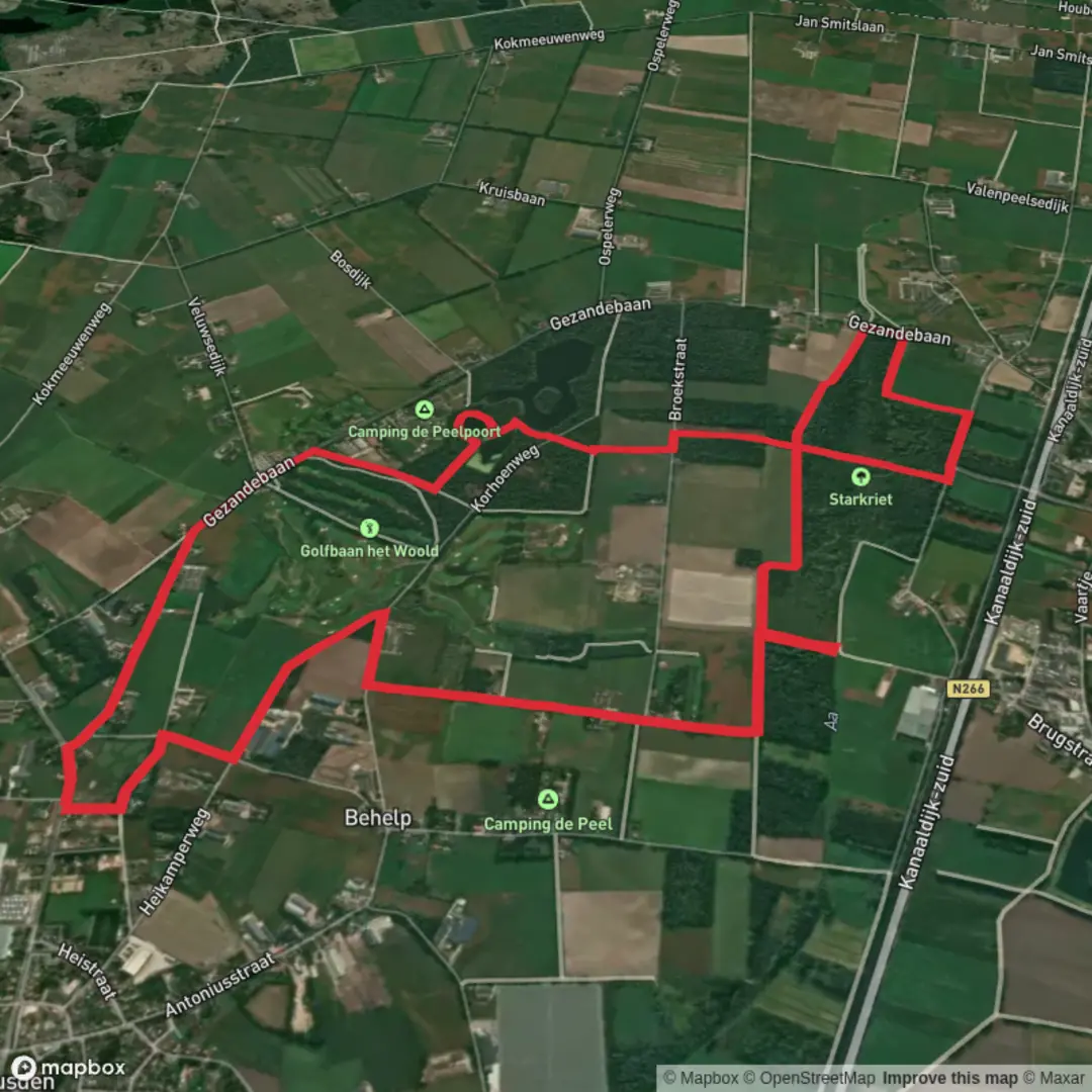 An image depicting the trail Witte Bergen and Het Starkriet via Sengersbroek Weg and its surrounding area.
