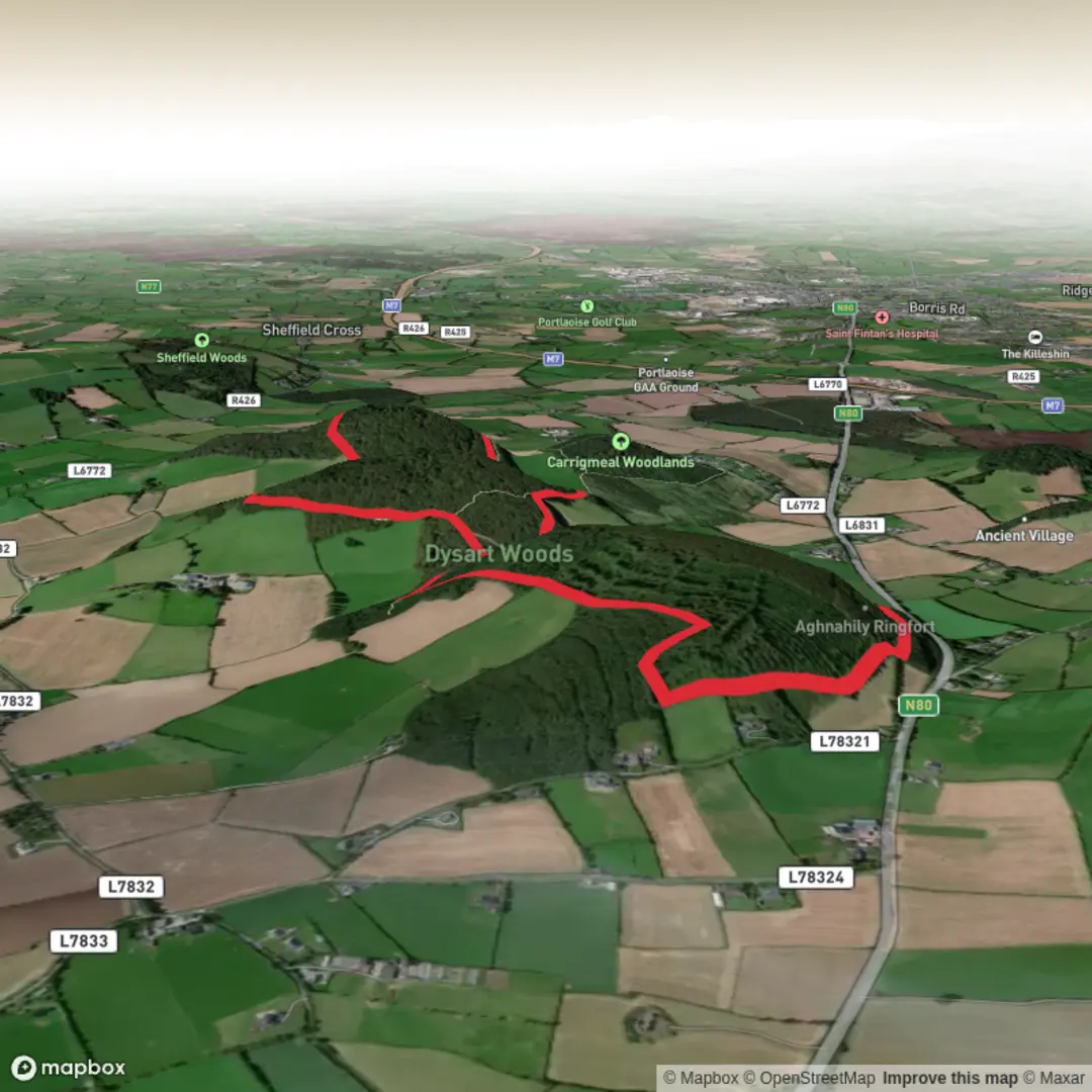An image depicting the trail Dysart Woods Loop and its surrounding area.