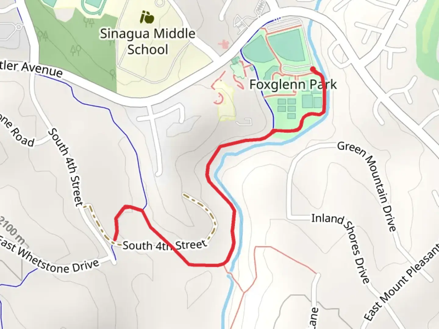 An image depicting the trail Foxglenn Trail - Short and its surrounding area.
