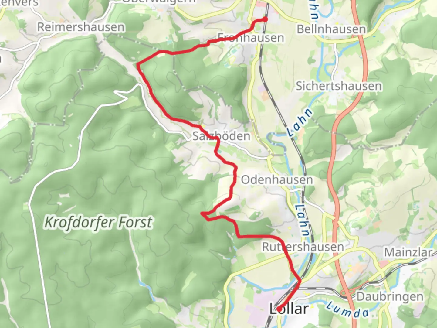 An image depicting the trail Fronhausen to Lollar Walk via Auf dem Kippel and its surrounding area.