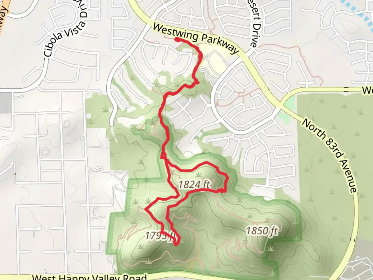 An image depicting the trail Miner's Draw and Saguaro Family Loop and its surrounding area.