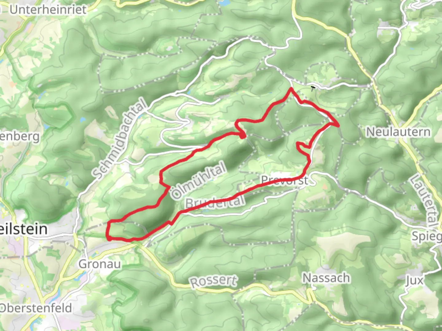An image depicting the trail Braunersberg and Stocksberg Loop via Gronau and its surrounding area.