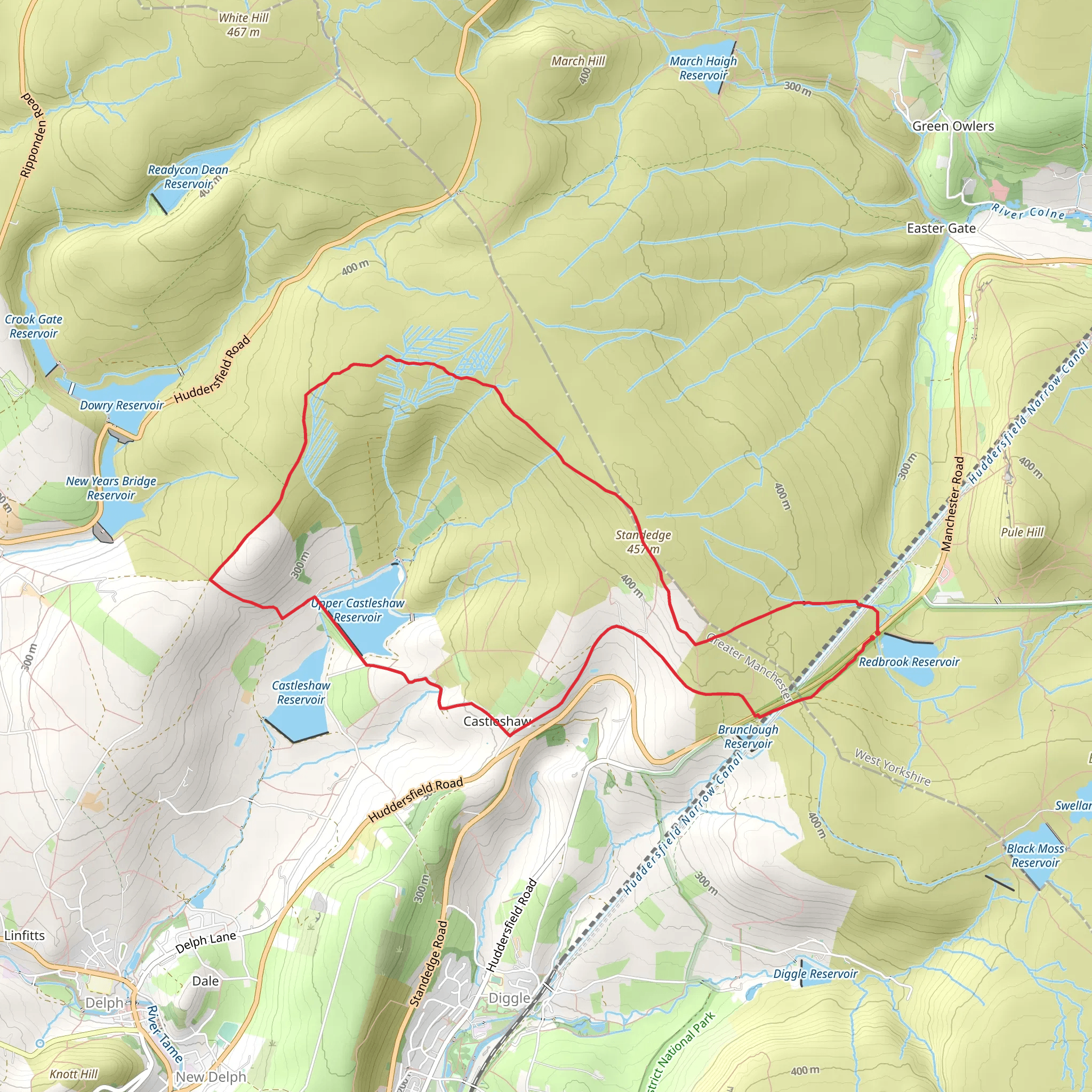 Standedge and Upper Castleshaw Reservoir via GM Ringway mobile static map
