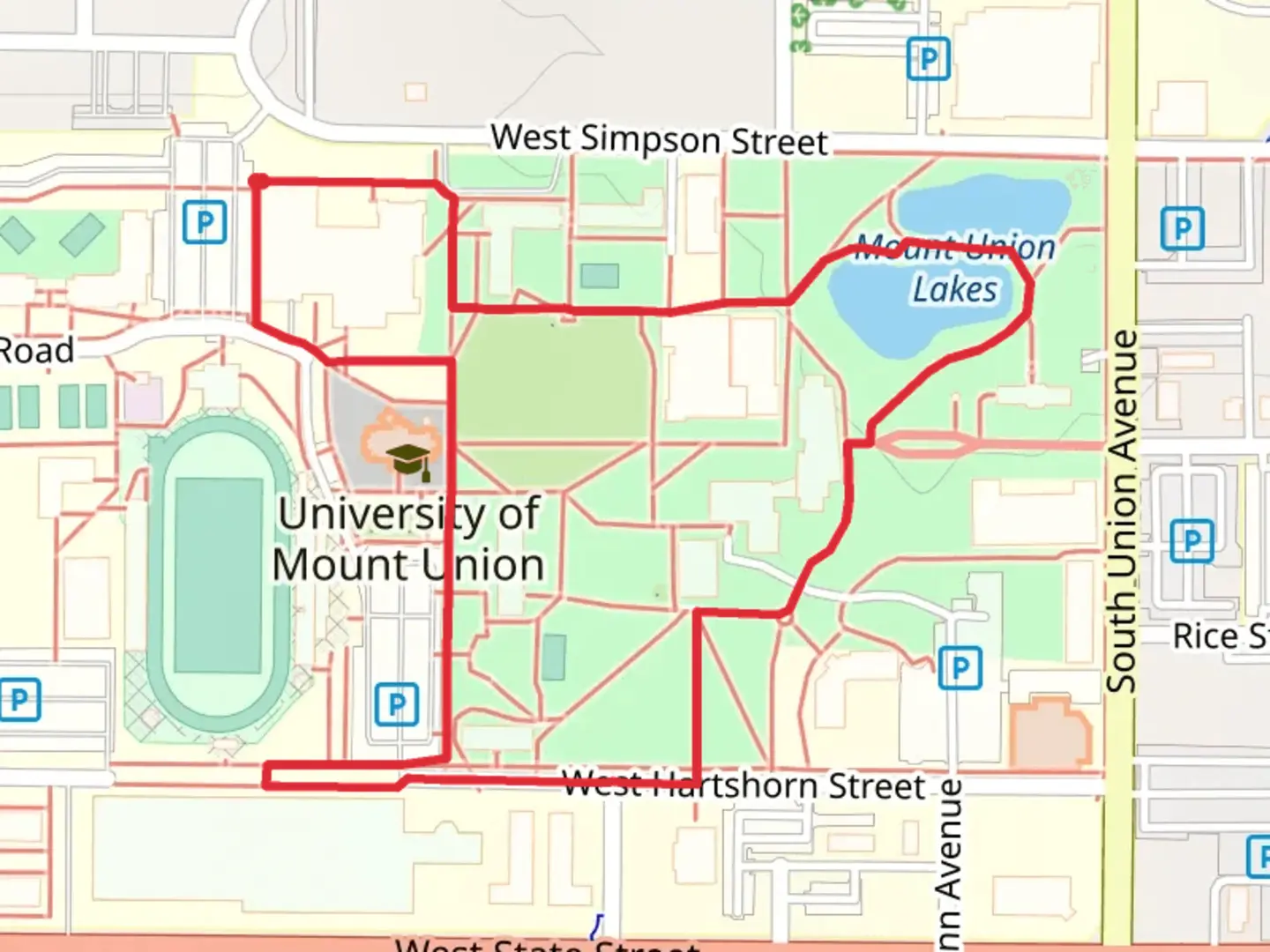 An image depicting the trail Mount Union Lakes and University of Mount Union Loop and its surrounding area.