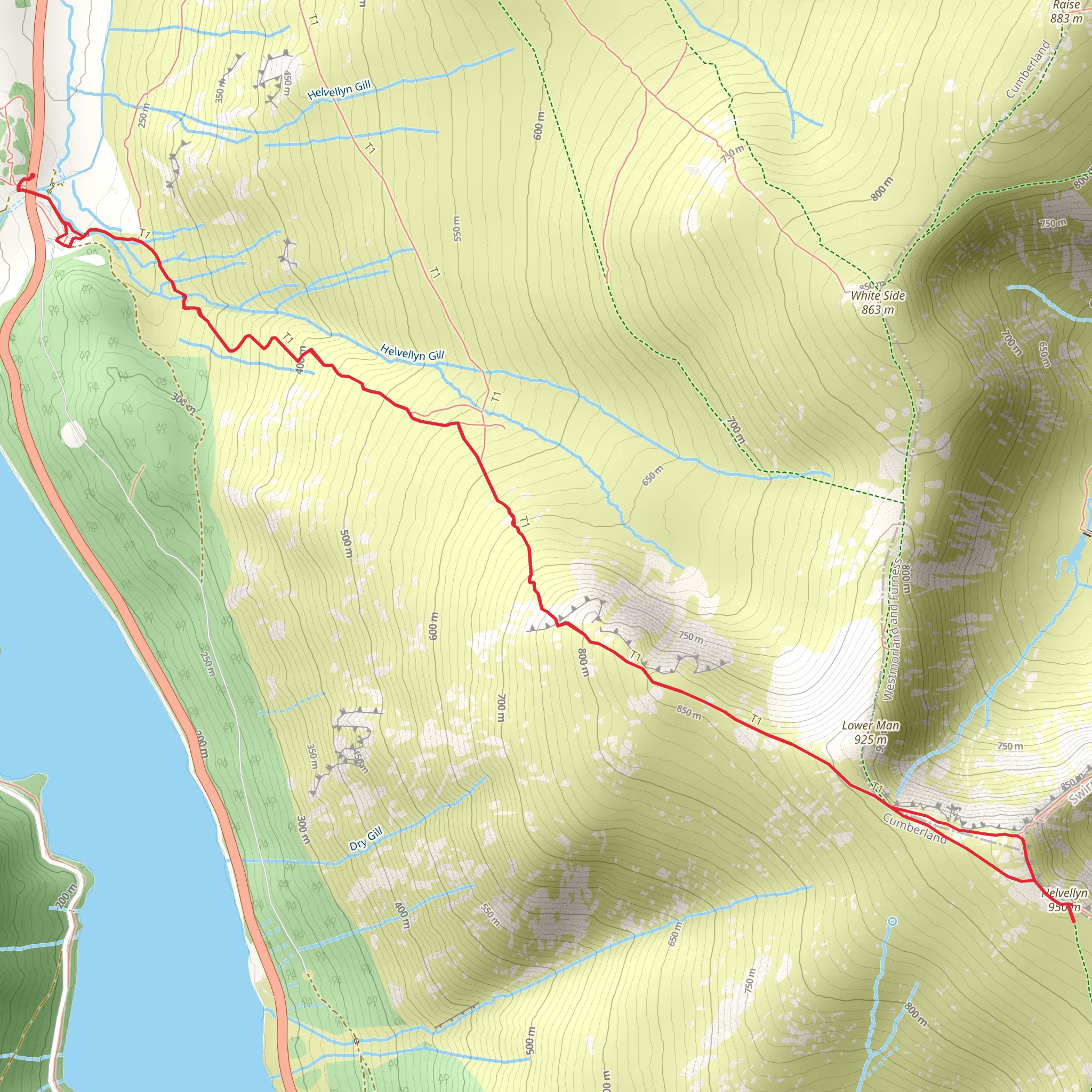 Helvellyn from swirls car park mobile static map