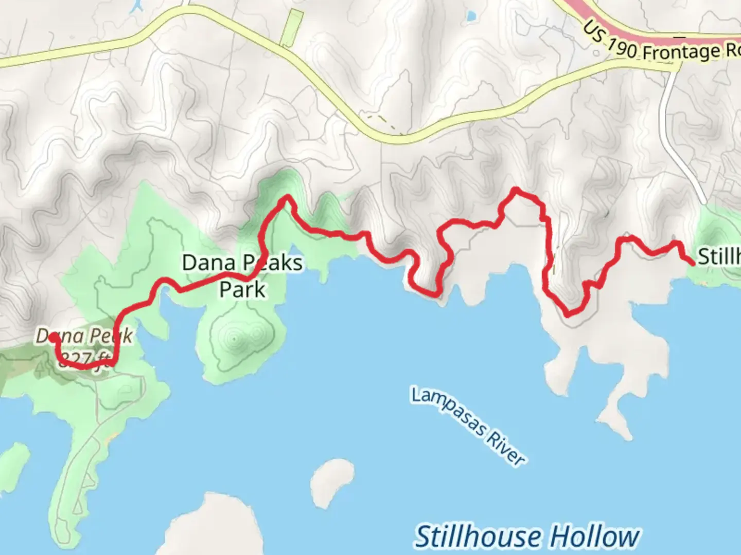 An image depicting the trail Stillhouse Hollow Lake South Shore walk from Lana Peak and its surrounding area.