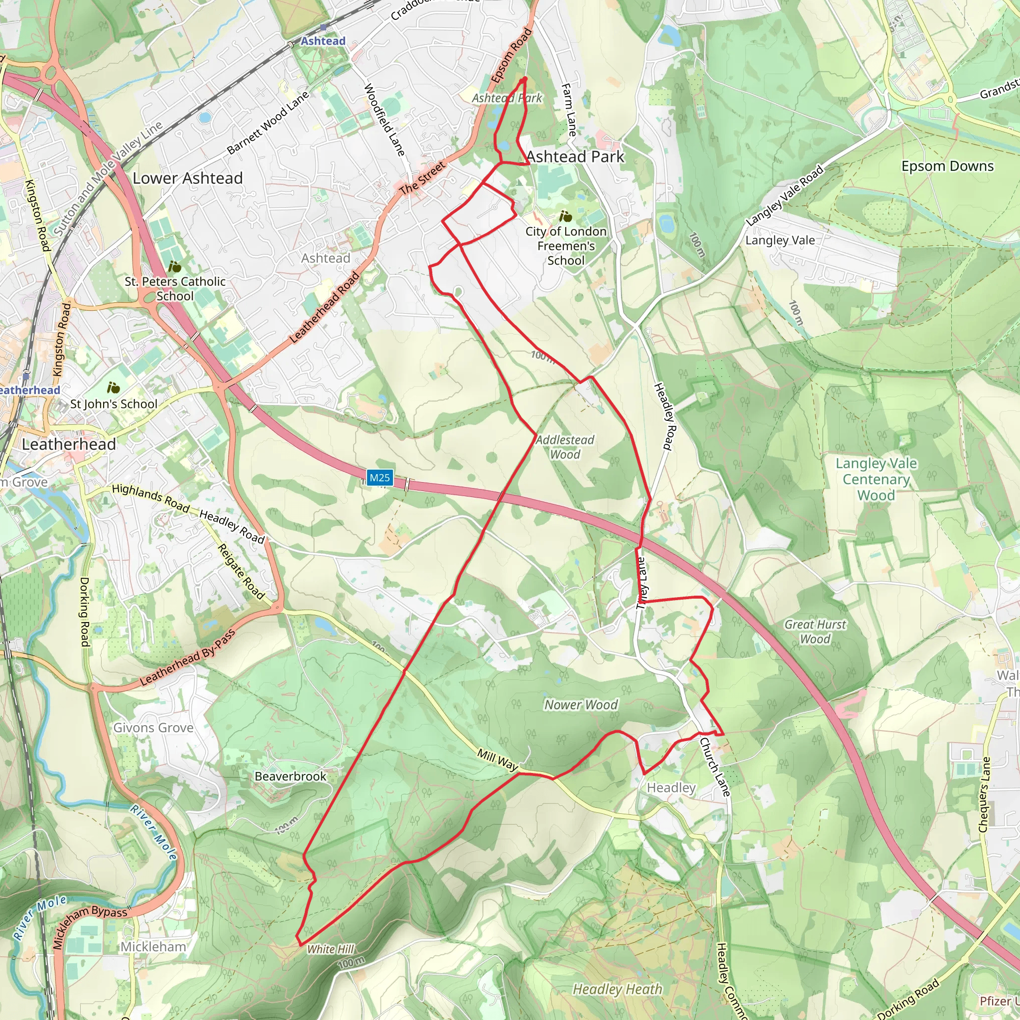 Ashtead Park to Nower Wood Loop mobile static map
