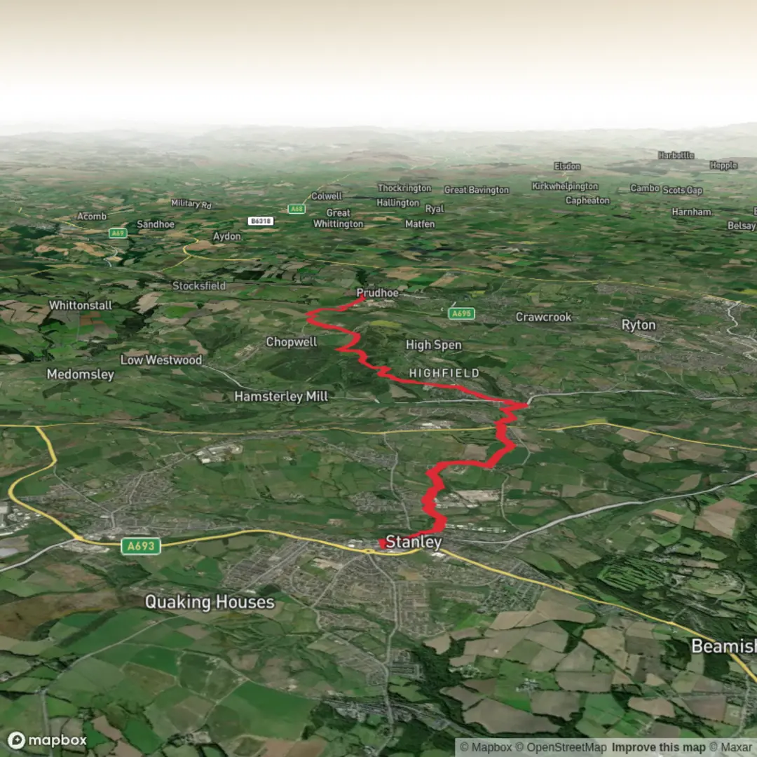 An image depicting the trail Stanley to Prudhoe on Slow Ways and its surrounding area.