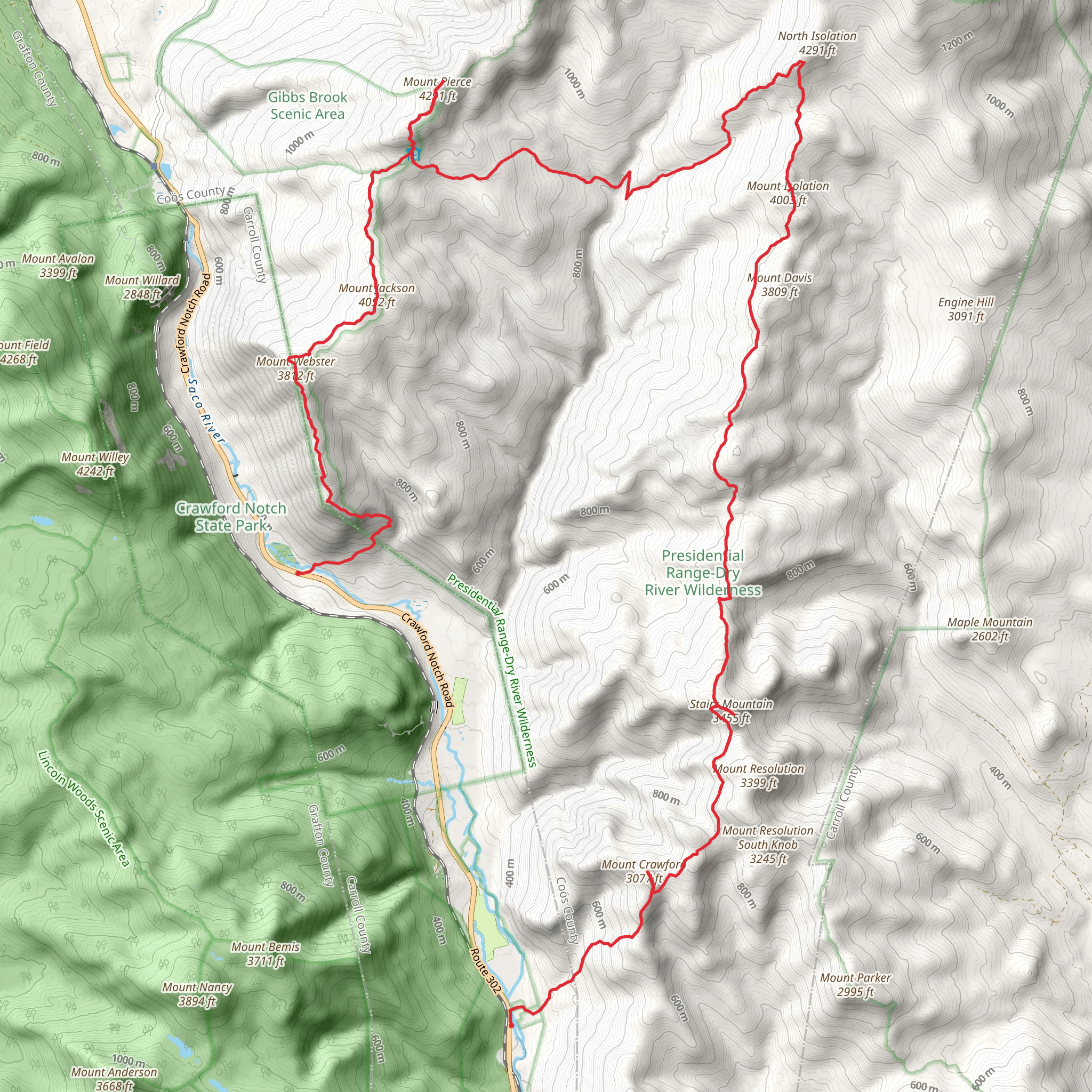 Mount Webster, Mount Pierce to Mount Crawford via Webster Cliff Trail mobile static map