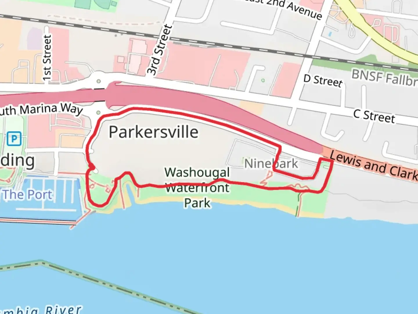 An image depicting the trail Washougal Waterfront Park Loop and its surrounding area.