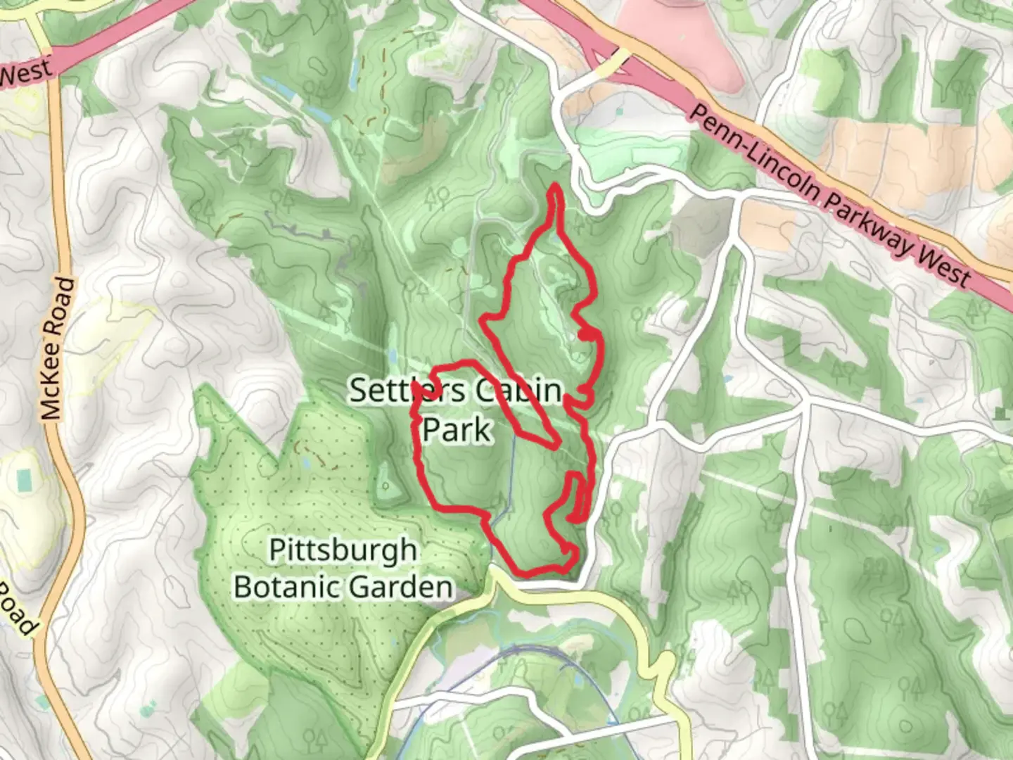 An image depicting the trail Blue and Red Trail Loop via Pinkertons Run and its surrounding area.