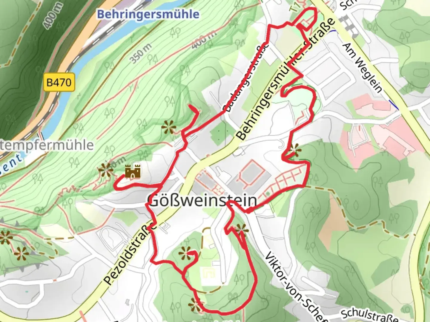 An image depicting the trail Kreuzberg, Gernerfels, Goßweinstein and Pavilion Wagnershohe Loop and its surrounding area.