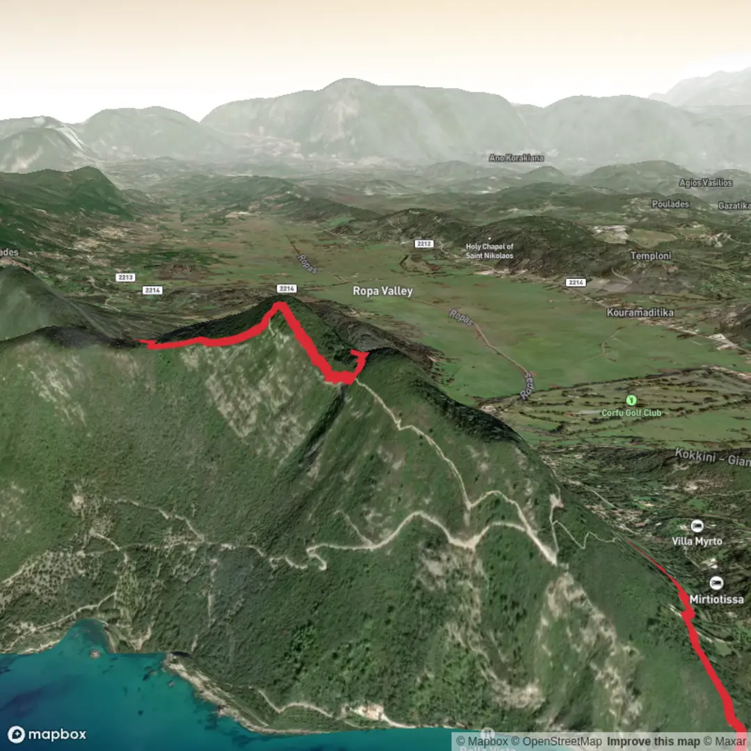An image depicting the trail Vartos, Myrtiotissa Beach and Agios Georgious Loop and its surrounding area.