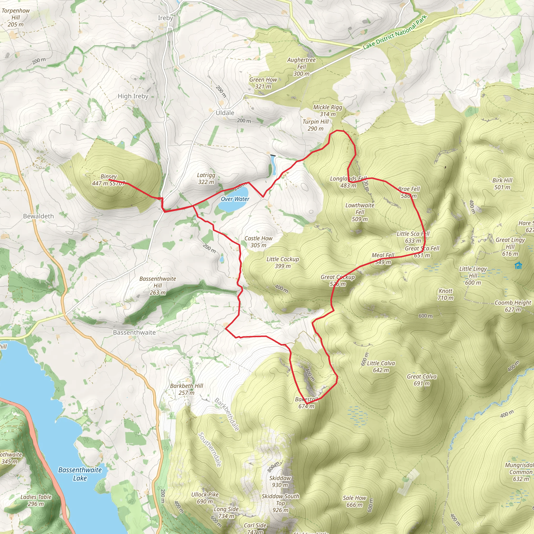 Binsey, Brae Fell and Over Water Loop mobile static map