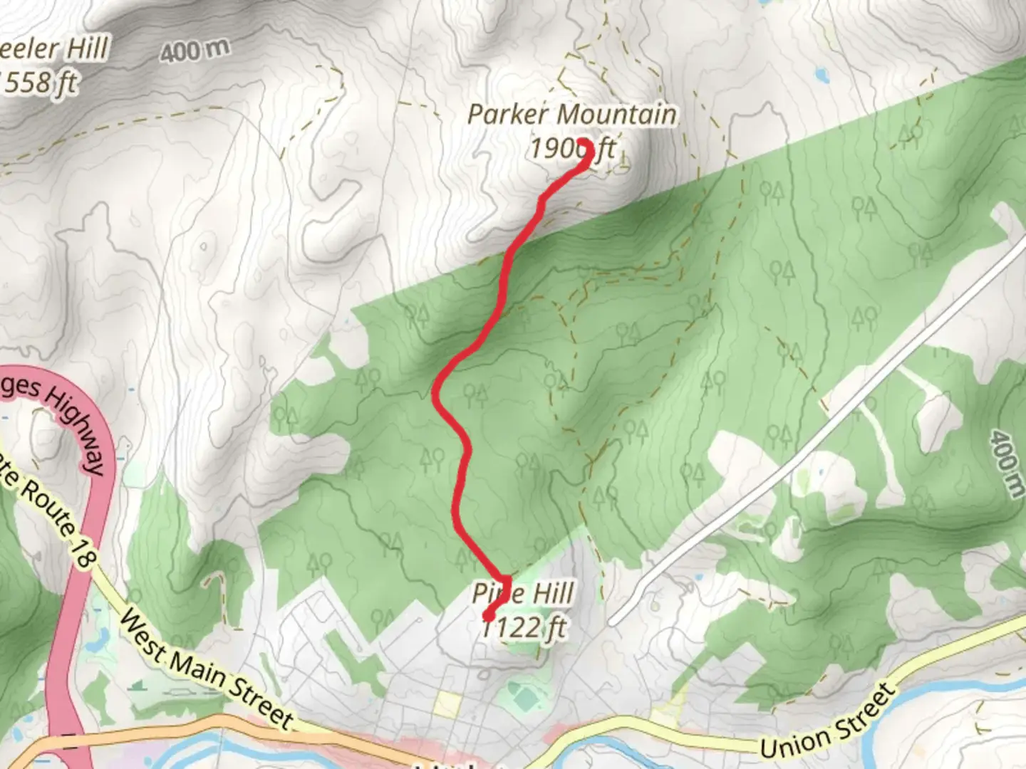An image depicting the trail Pine Hill to Parker Mountain Trail and its surrounding area.