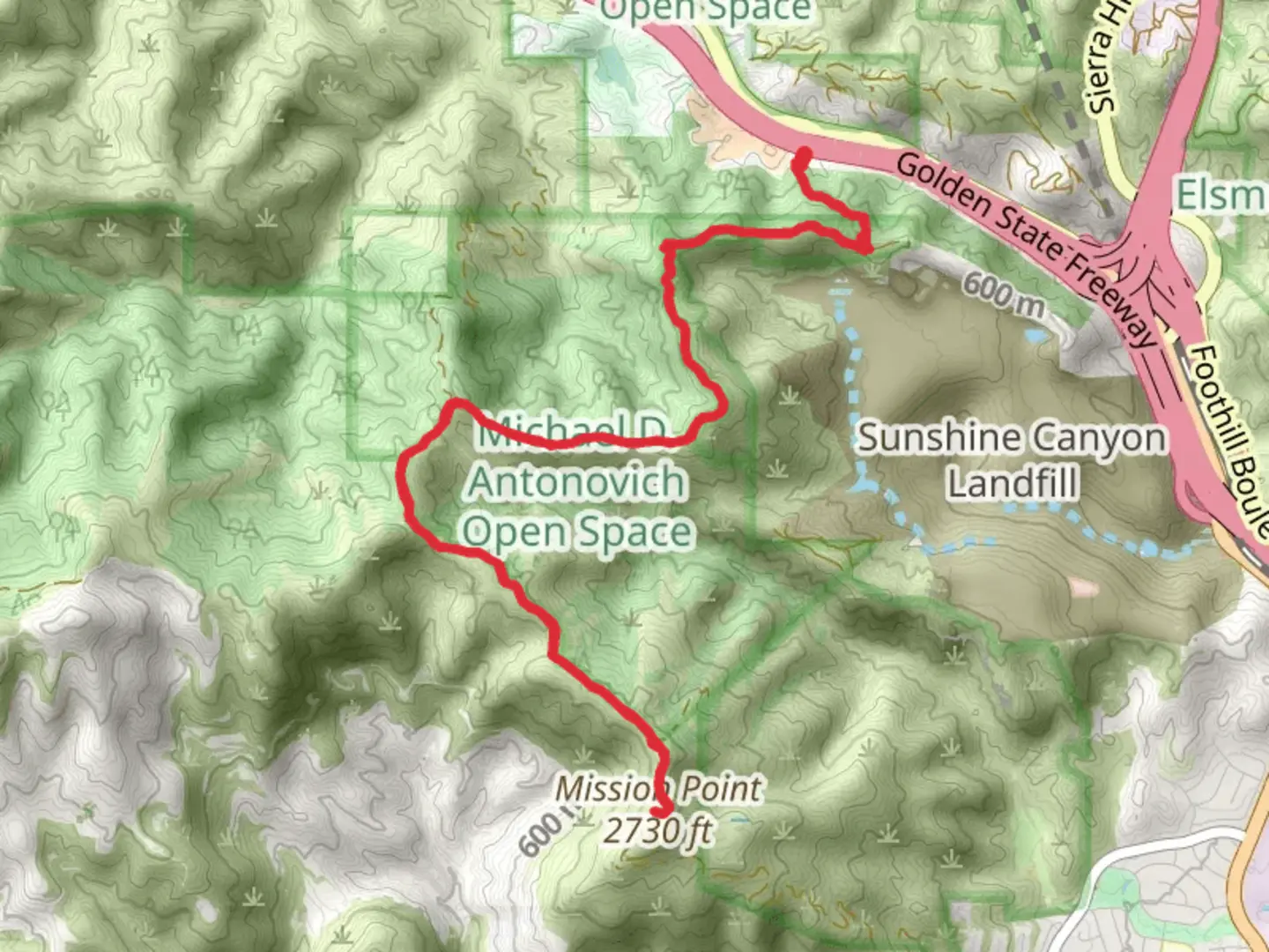 An image depicting the trail Mission Point via Sunshine Canyon Way and its surrounding area.