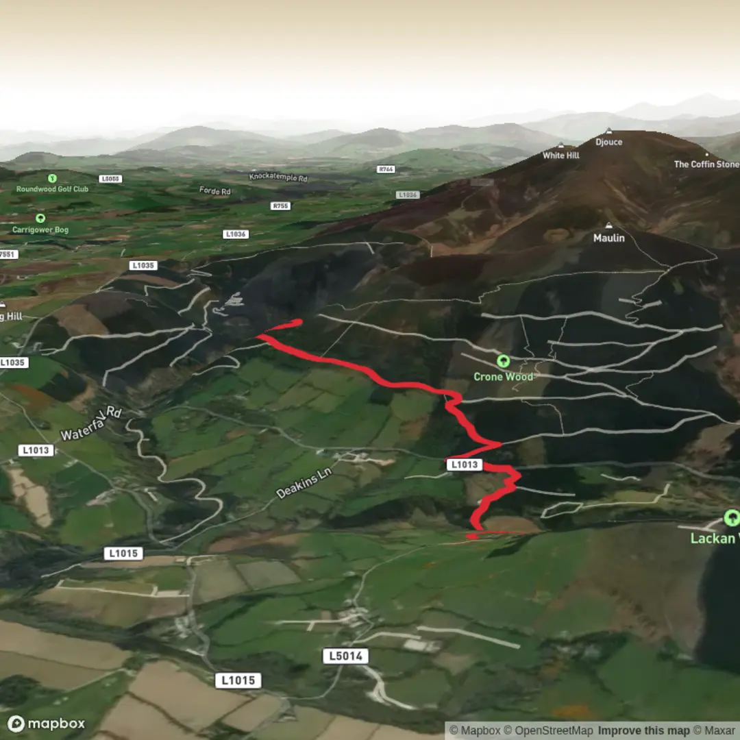 An image depicting the trail Knockree - Djouce and its surrounding area.