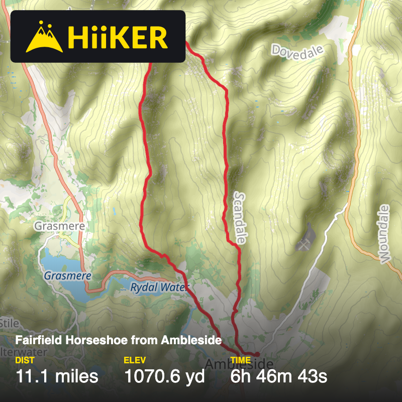 A map preview of the recording Fairfield Horseshoe from Ambleside.