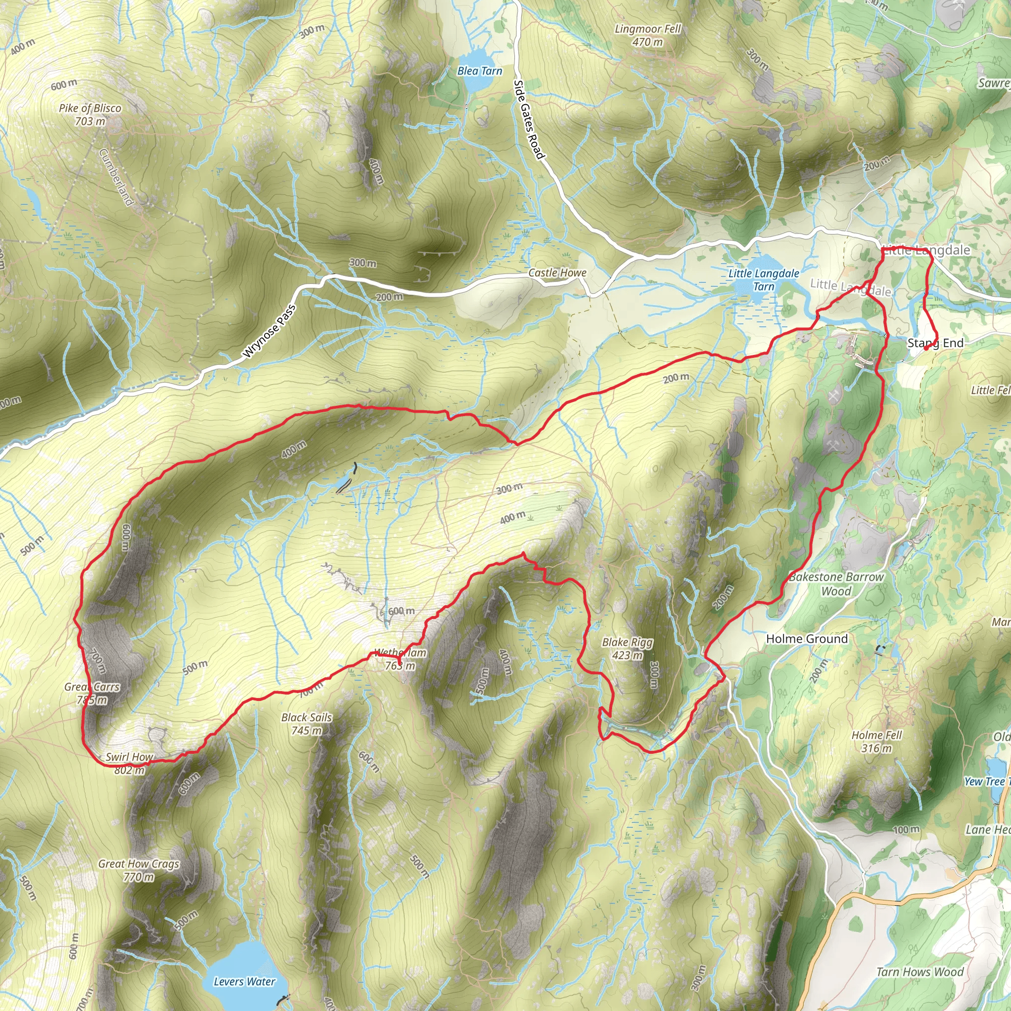 Tilberthwaite Gill Waterfall, Wetherlam, Great Carrs and Little