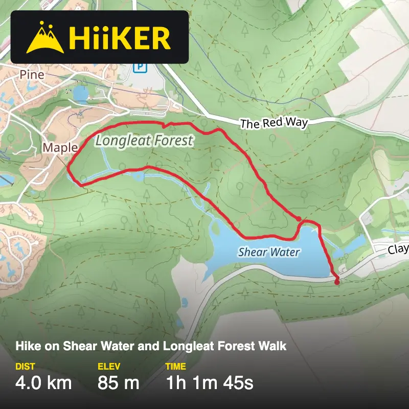 A map preview of the recording Hike on Shear Water and Longleat Forest Walk.