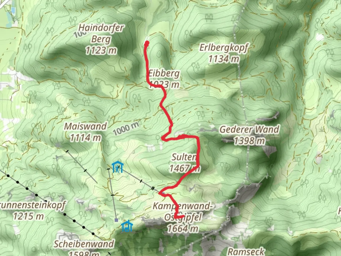 An image depicting the trail Sultensattel and Kampenwand-Ostgipfel Peak Walk and its surrounding area.