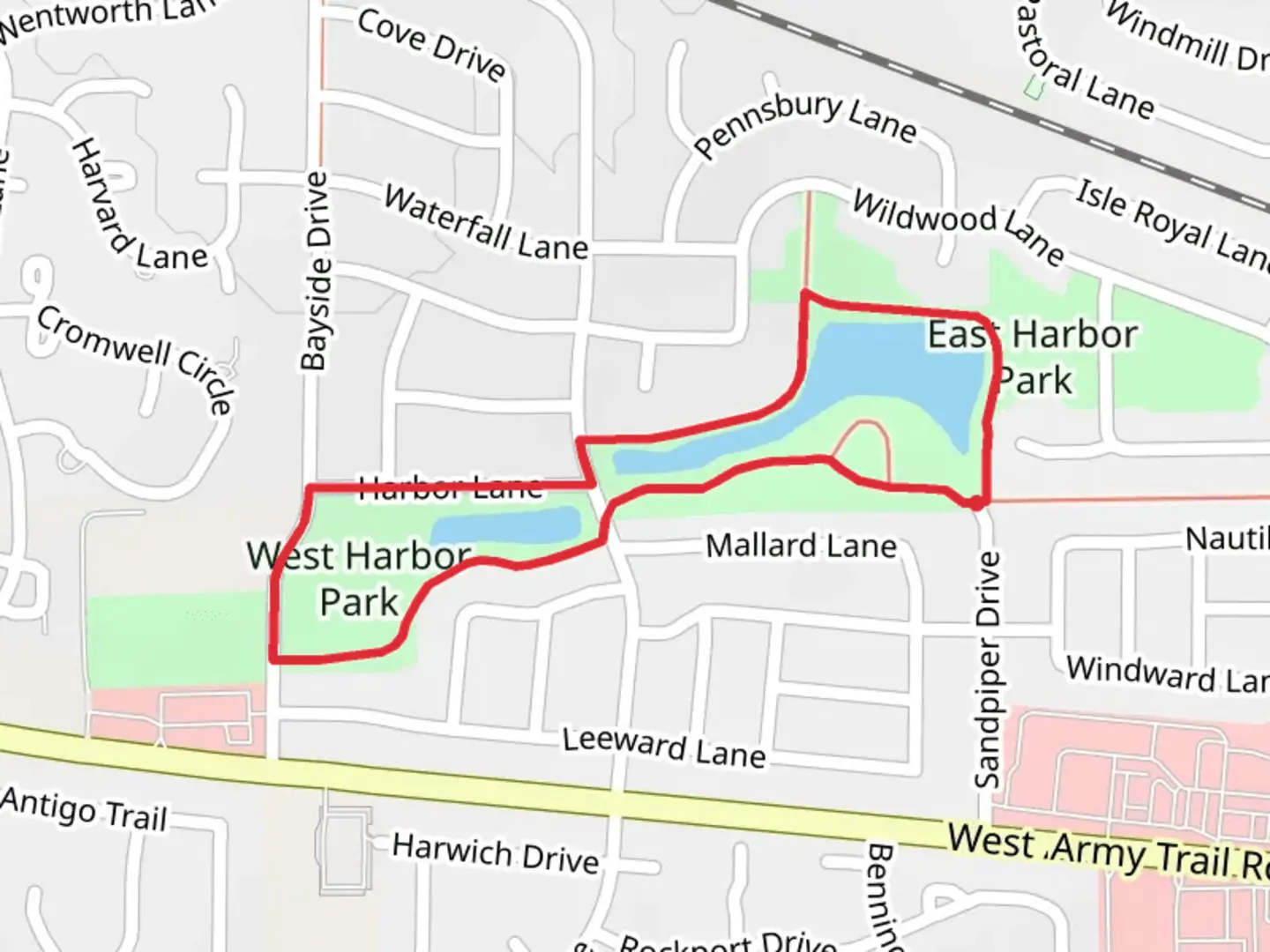 An image depicting the trail East and West Harbor Park Loop and its surrounding area.