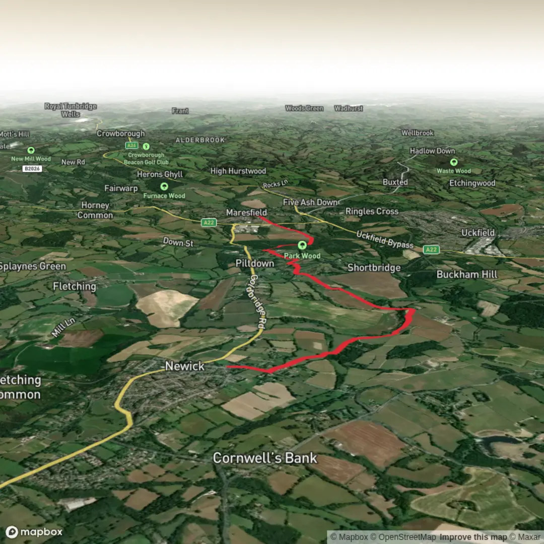An image depicting the trail The Crown at Newick to The Chequers at Maresfield and its surrounding area.