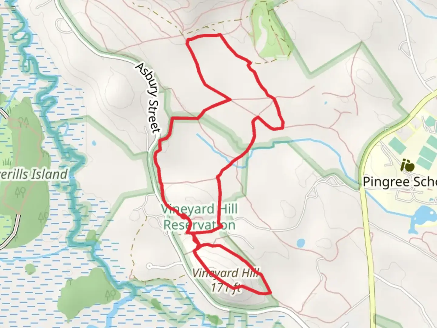 An image depicting the trail Vineyard Hill via Bay Circuit Trail Loop and its surrounding area.