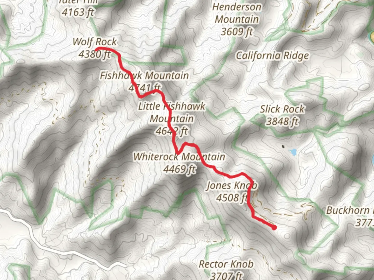 An image depicting the trail Little Fishhawk Mountain and Wolf Rock via Bartram Trail and its surrounding area.