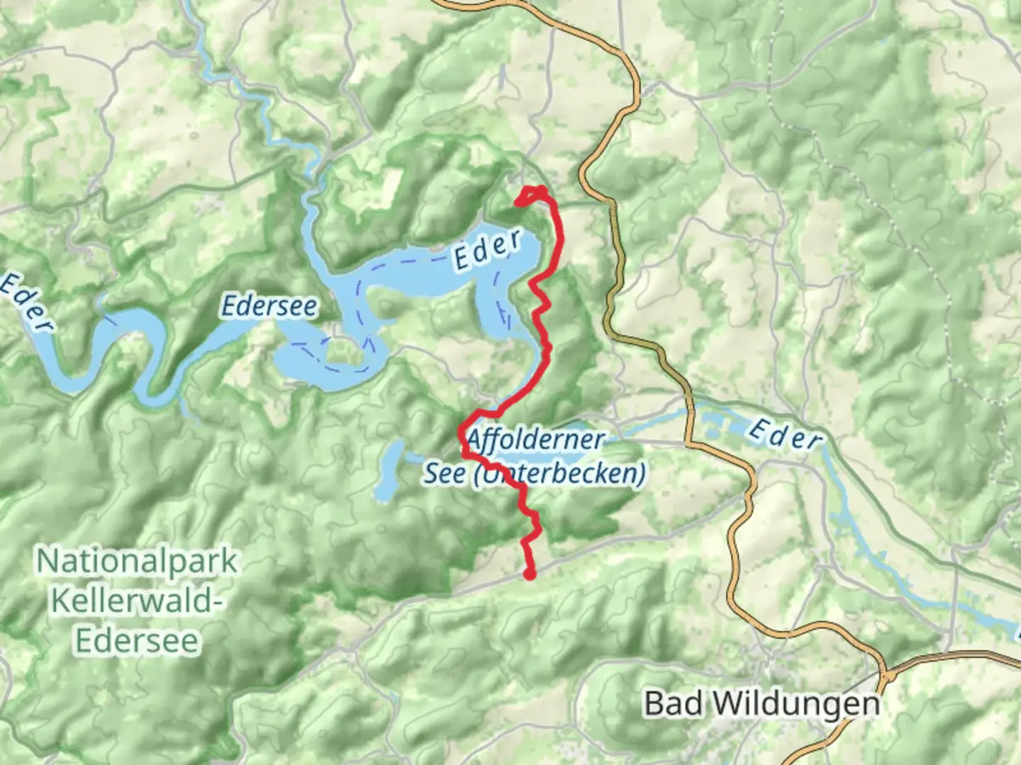 An image depicting the trail Waldeck to Kleinern via Hemfurth and its surrounding area.