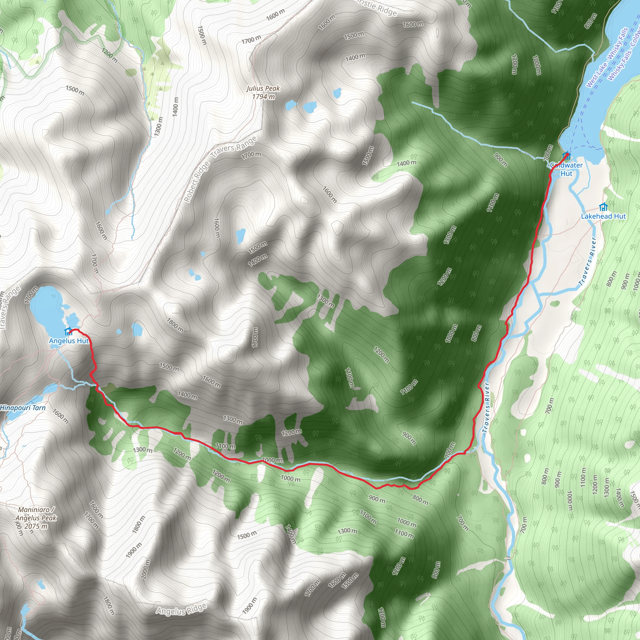 Angelus Hut via Travers-Cascade Track mobile static map