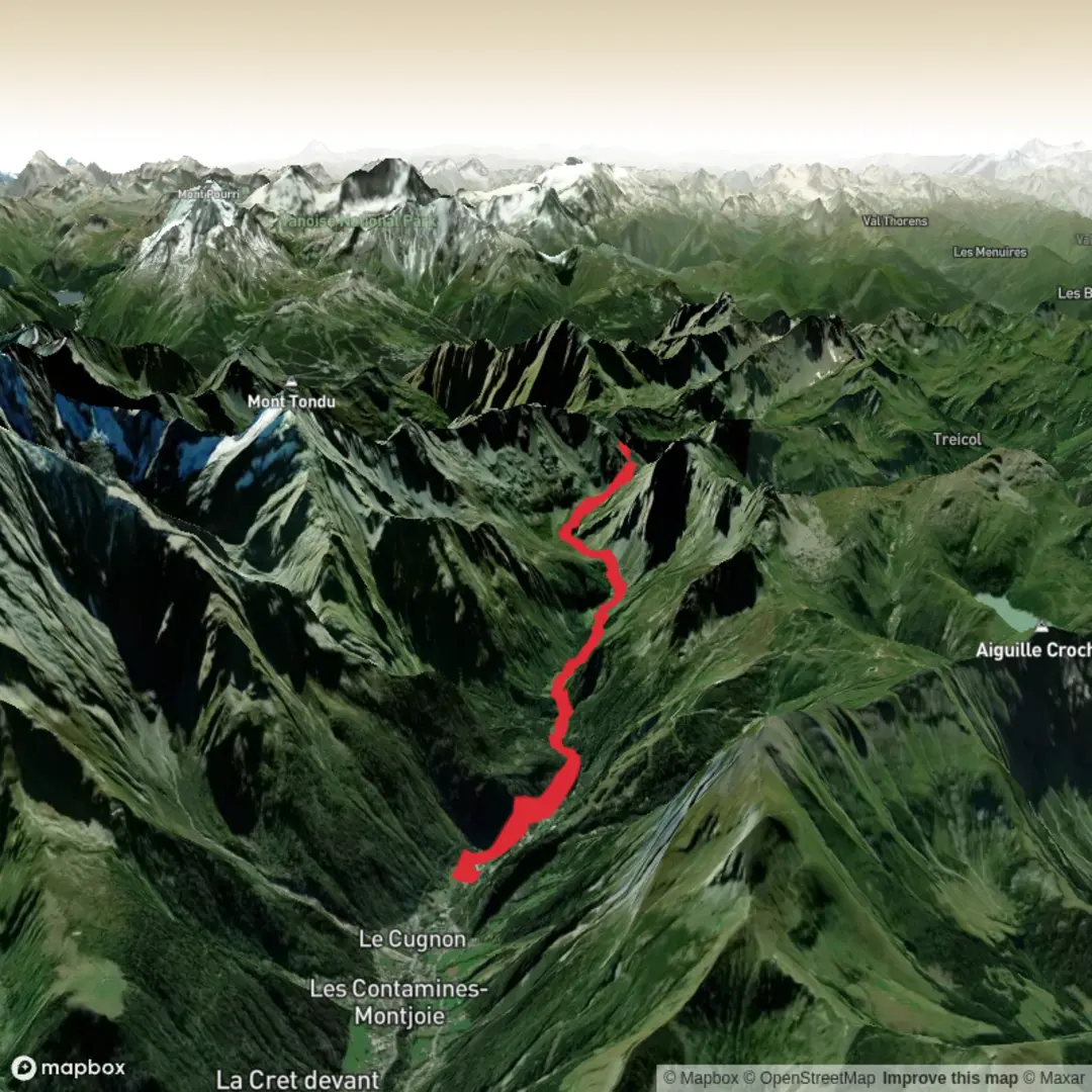 An image depicting the trail Les Contamines to Les Chapieux and its surrounding area.