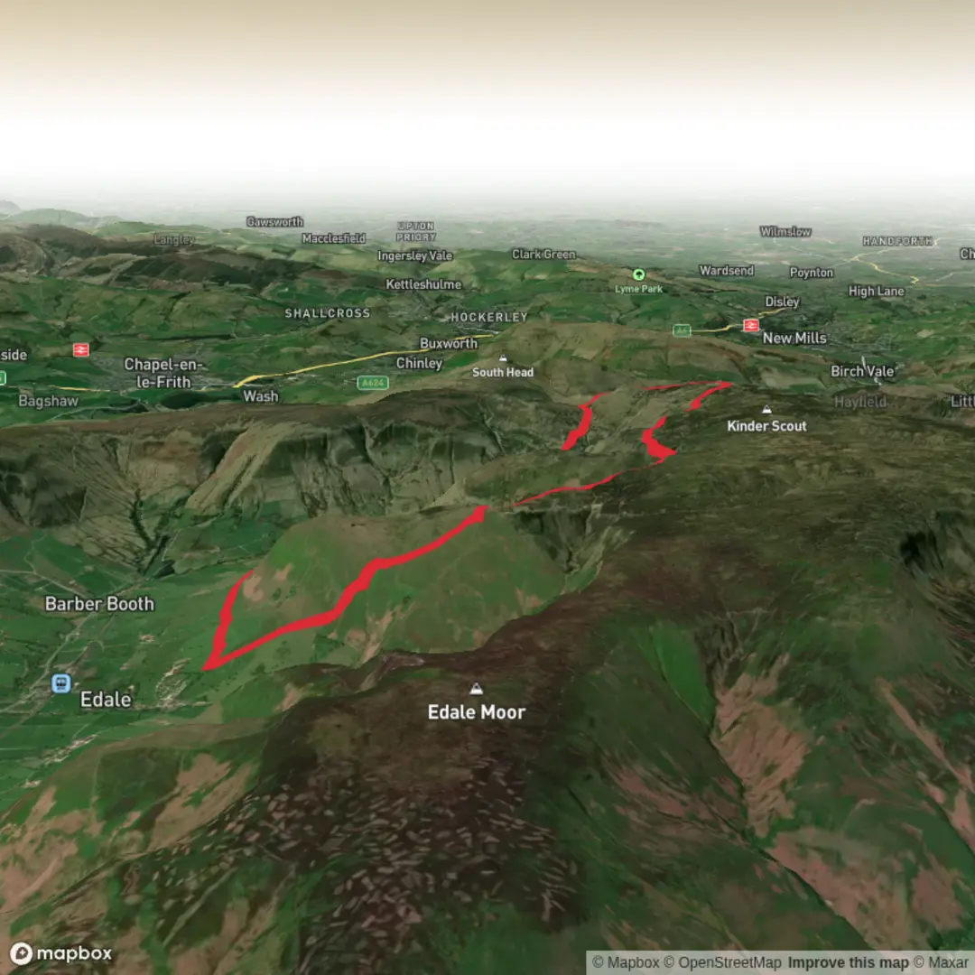 An image depicting the trail Grindslow Knoll, Crowden Tower and Jacob's Ladder Loop and its surrounding area.