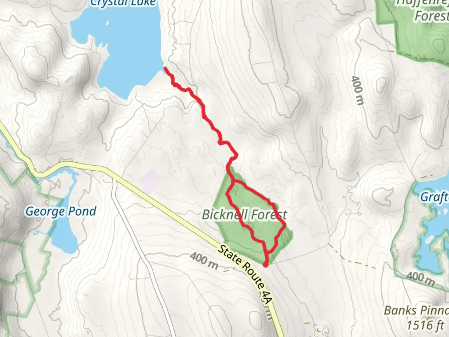 An image depicting the trail Bicknell Brook and Crystal Lake Loop and its surrounding area.