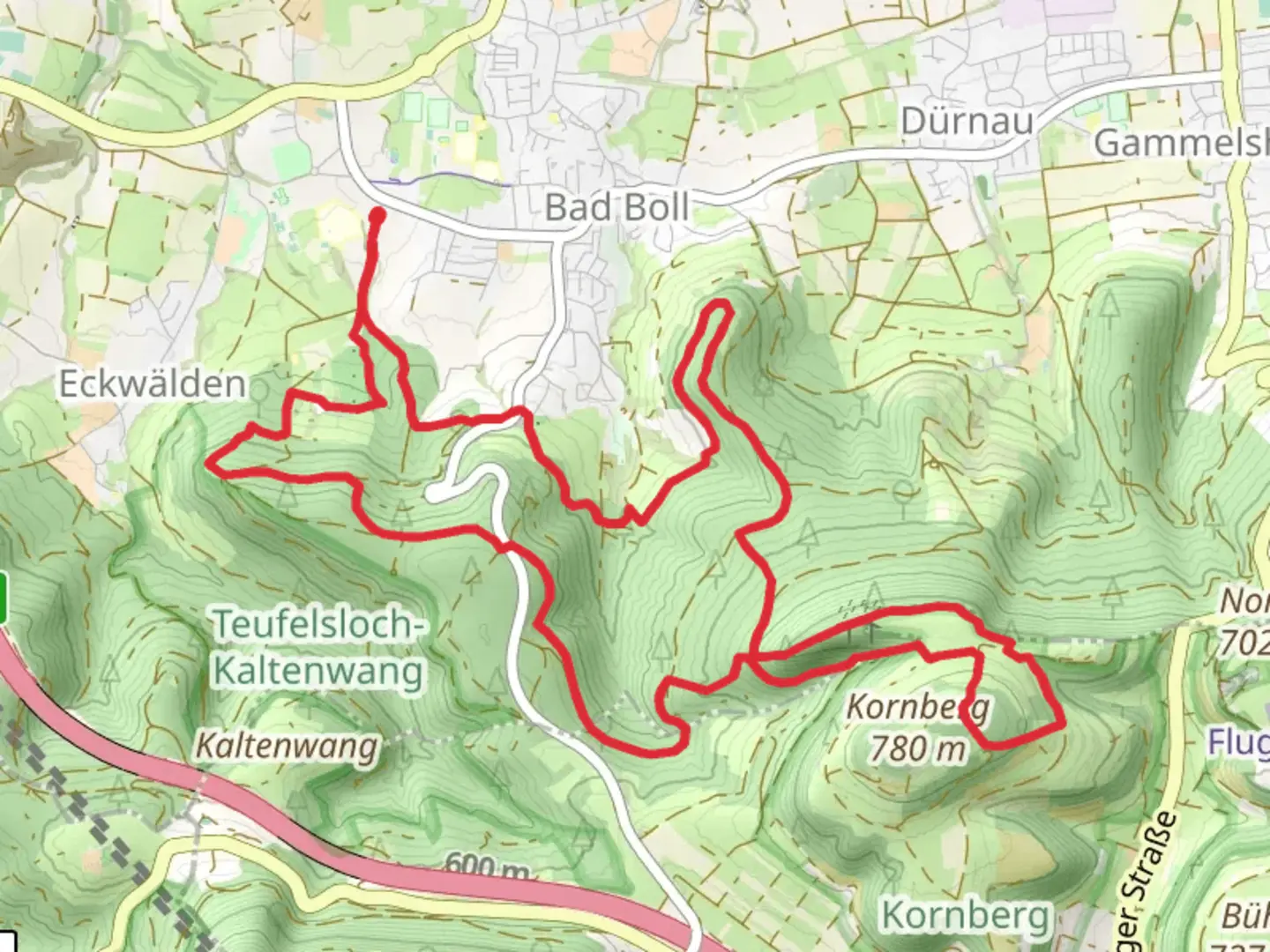 An image depicting the trail Boll-Kornberg and Loewenpfade - Berta Hoernle Tour and its surrounding area.