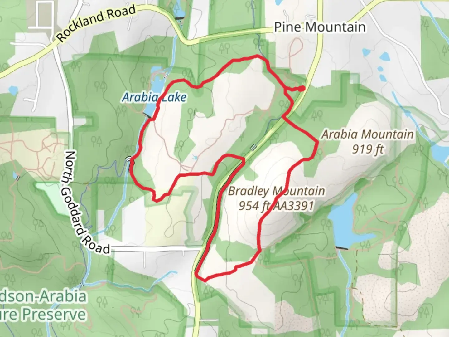 An image depicting the trail Arabia Mountain and Lake Loop and its surrounding area.