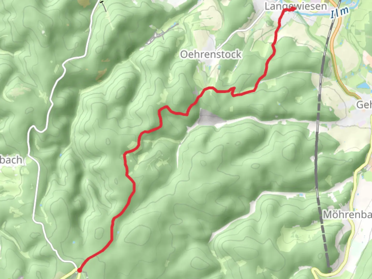 An image depicting the trail Langewiesen to Grosser Dreiherrenstein via Rennsteig-Leiter Oehrenstock and its surrounding area.