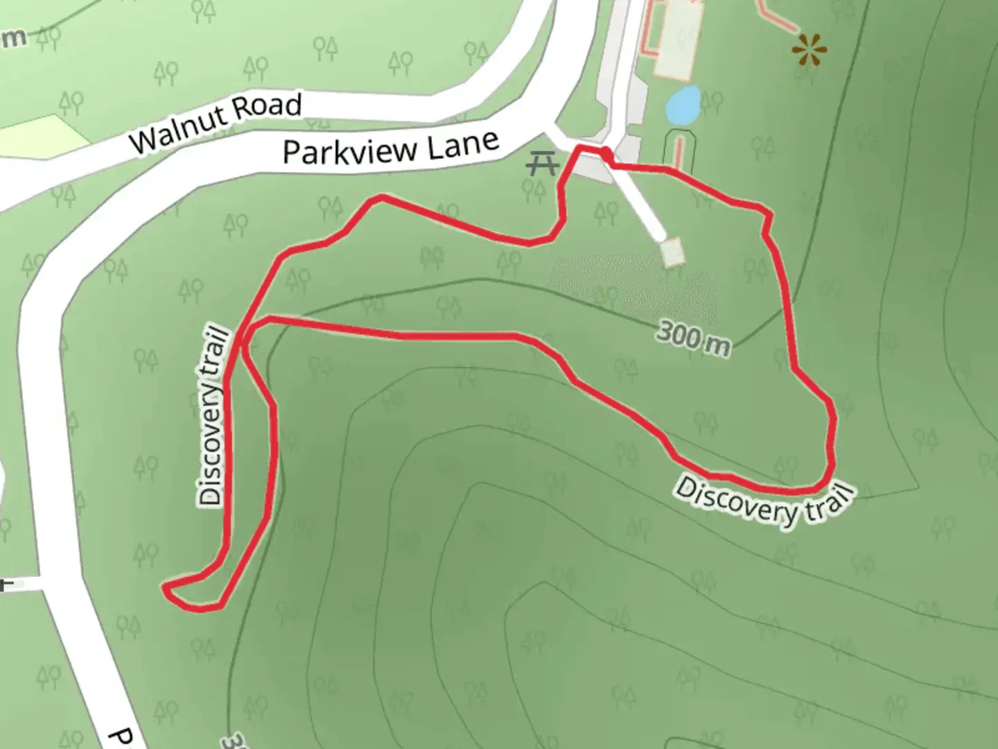An image depicting the trail Discovery Loop Trail from Parkview Lane and its surrounding area.