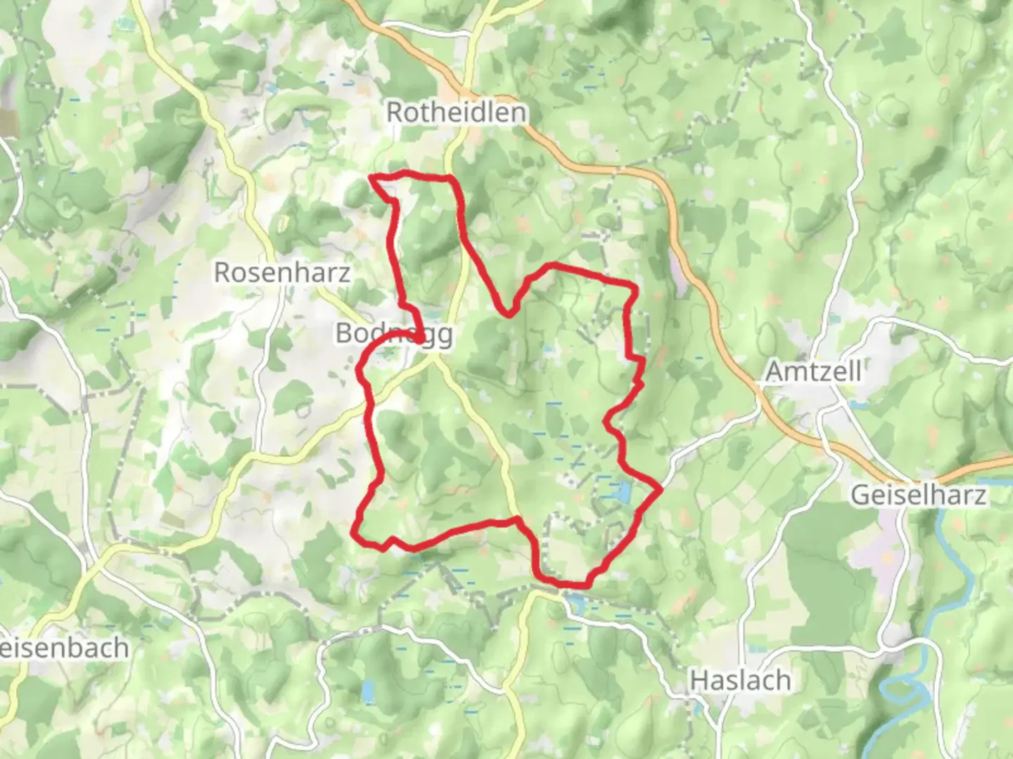 An image depicting the trail Bodnegg and Herogenweiher Loop and its surrounding area.