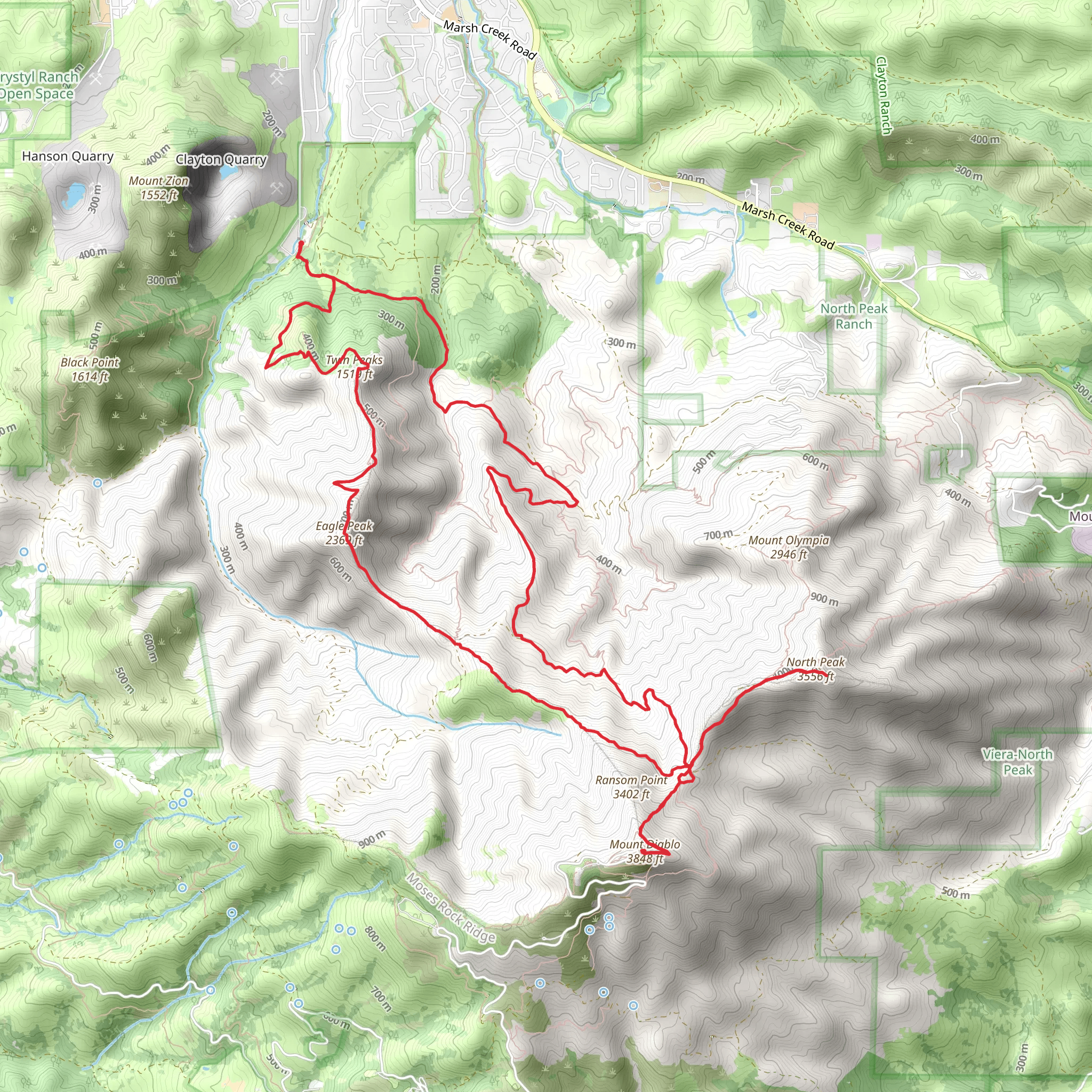 Mitchell Rock, Eagle Peak, Mount Diablo and North Peak Loop via Oak Road mobile static map