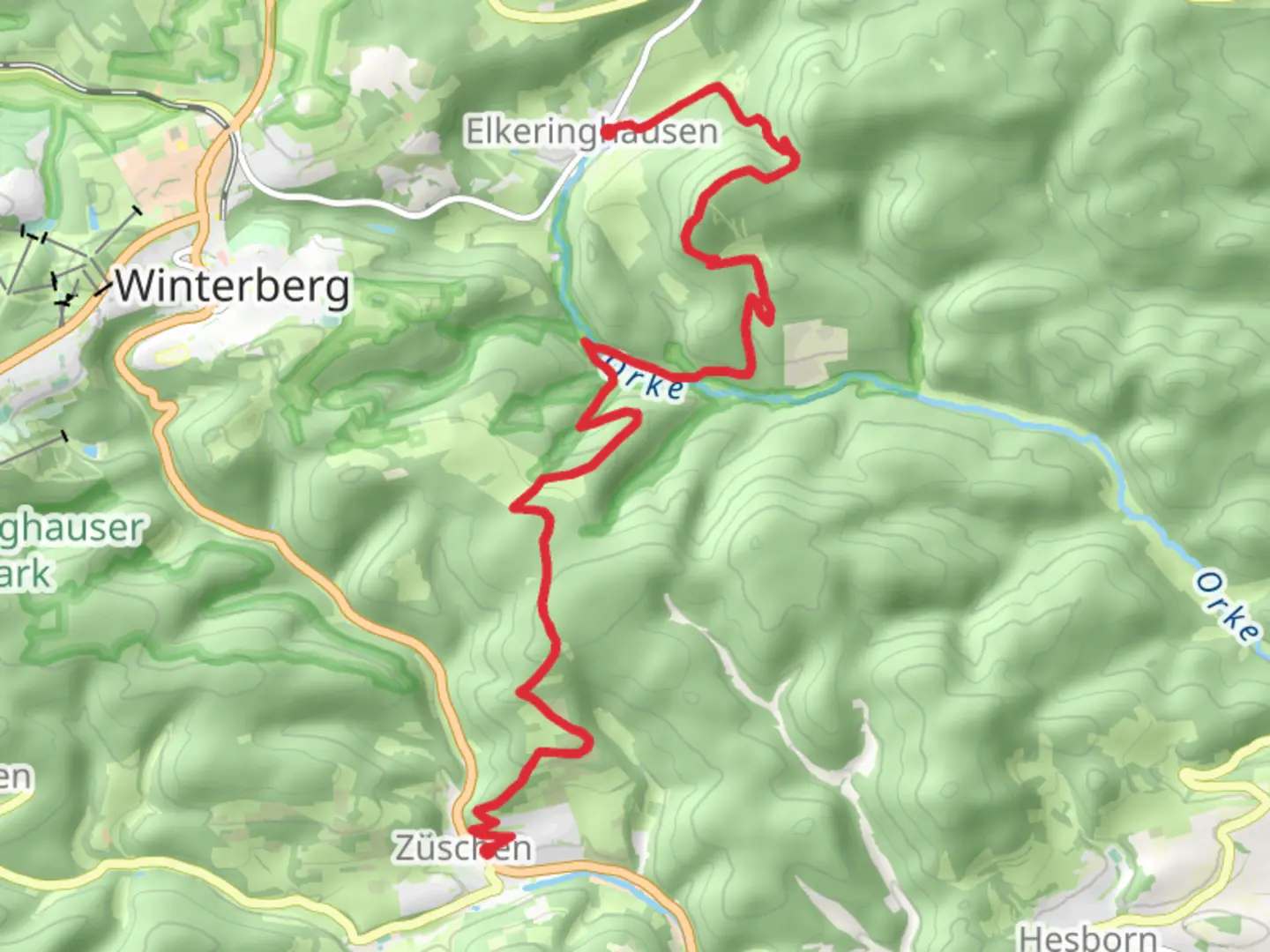 An image depicting the trail Elkeringhausen to Züschen via Winterberger Hochtour and its surrounding area.