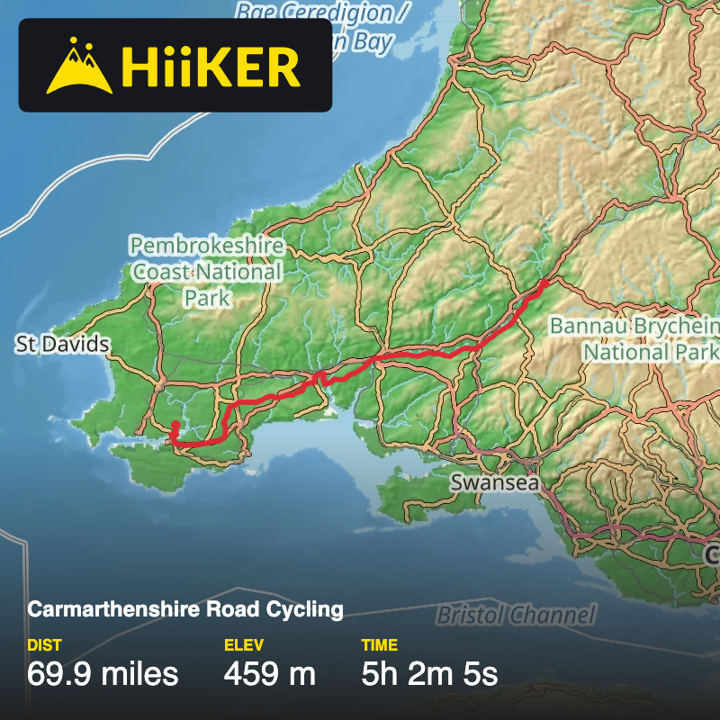 A map preview of the recording Carmarthenshire Road Cycling.