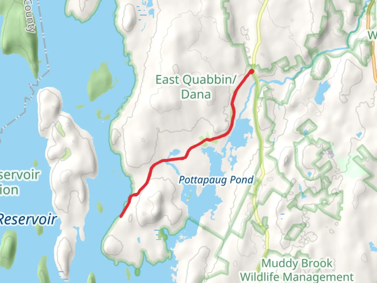 An image depicting the trail Pottapaug Hill from Petersham Road and its surrounding area.