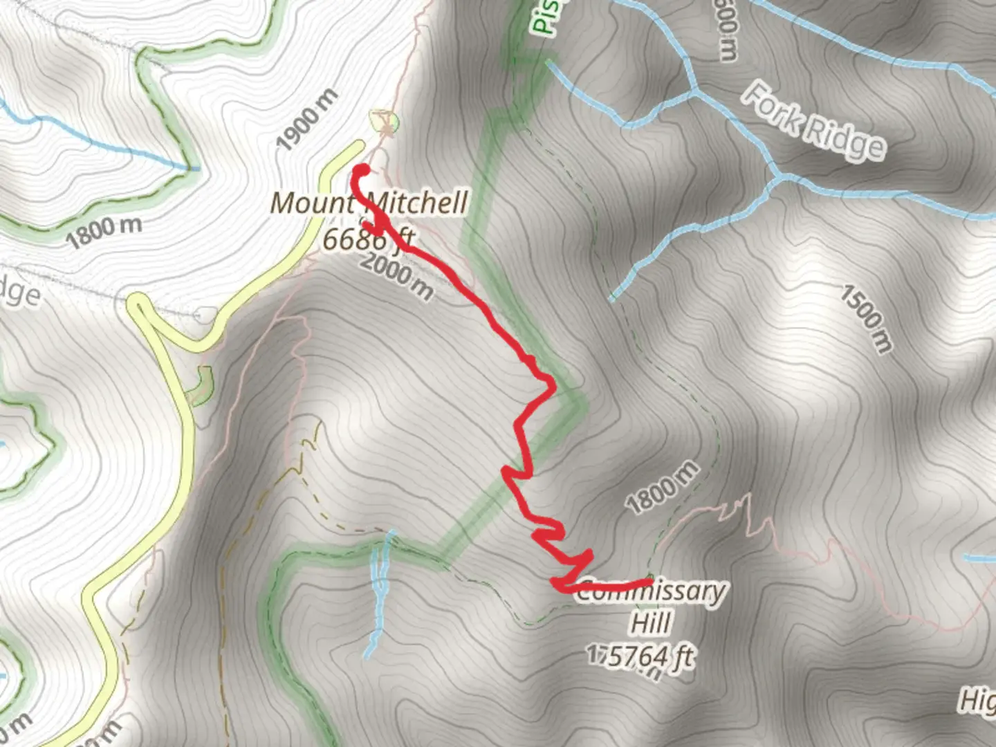 An image depicting the trail Mount Mitchell and Commissary Hill Backcountry Campsite via Mount Mitchell Trail and its surrounding area.