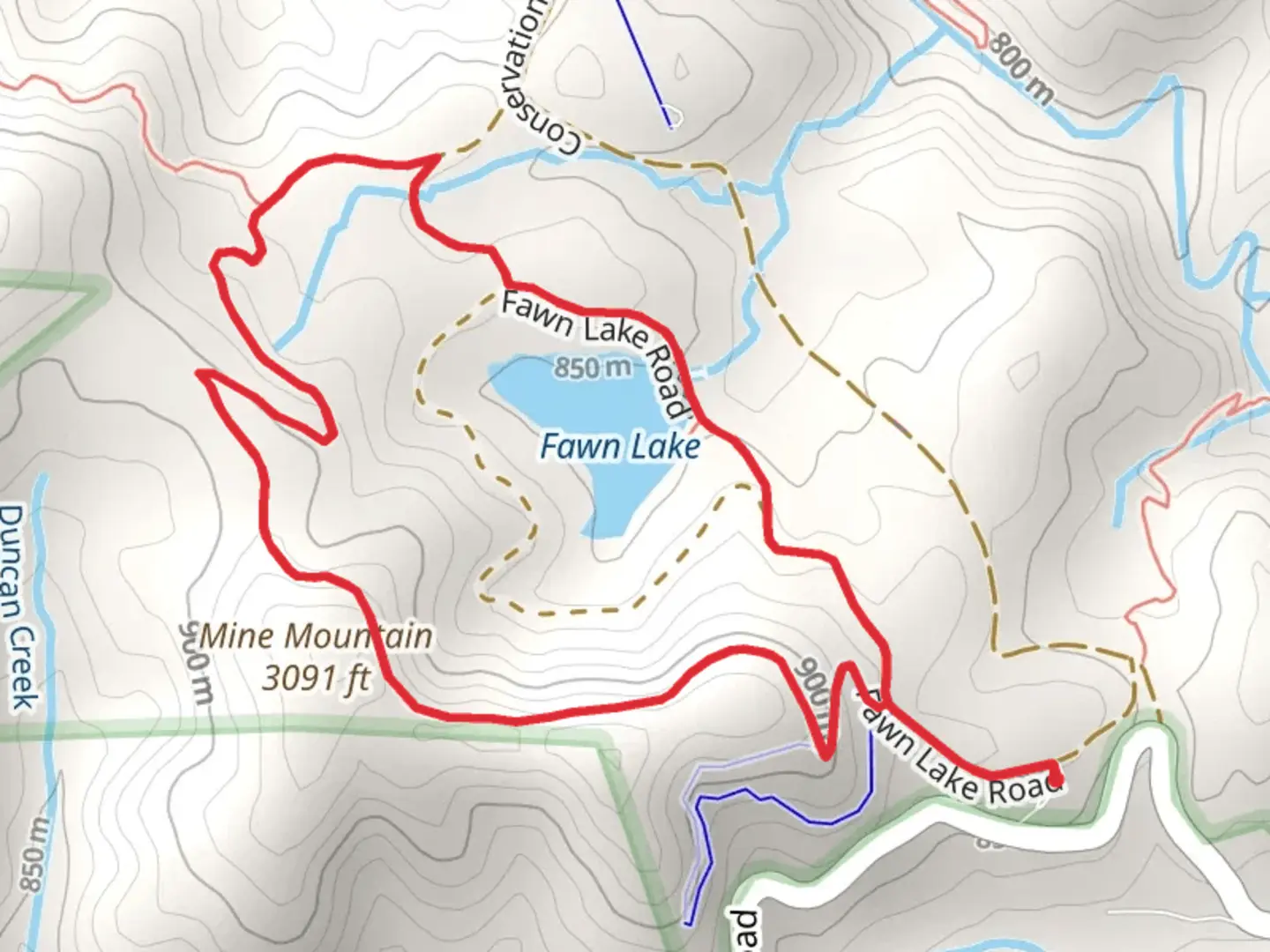 An image depicting the trail Mine Mountain Trail and Fawn Lake Road Loop and its surrounding area.