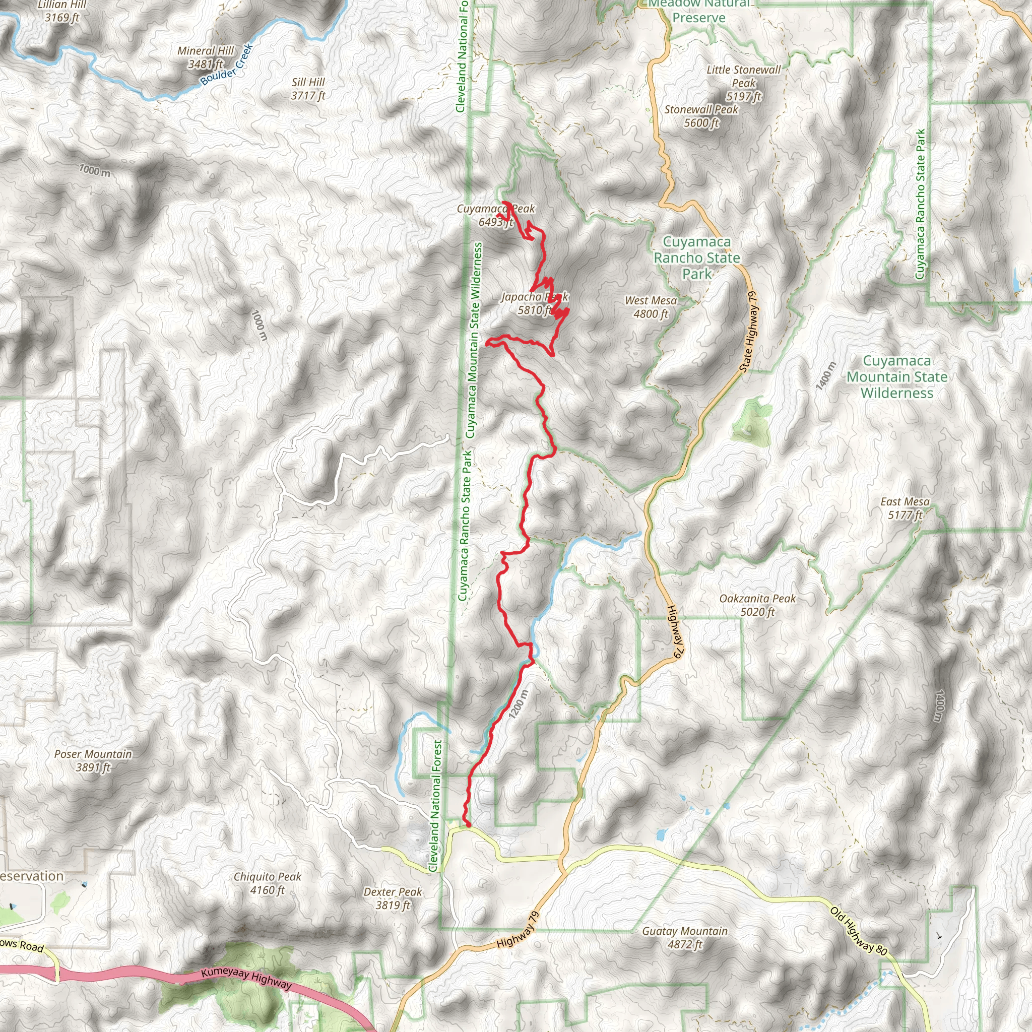 Cuyamaca Peak via Arroyo Secco Trail mobile static map