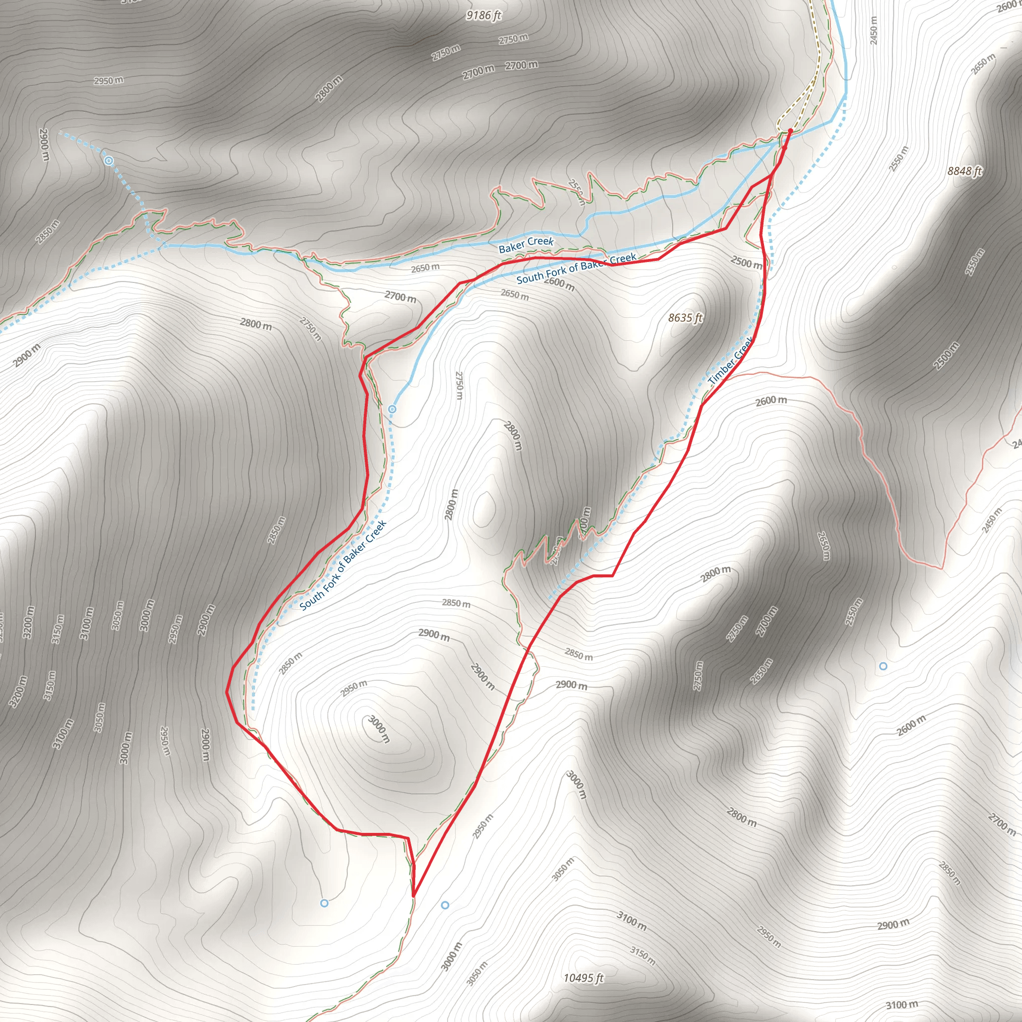 South Fork Baker Creek and Timber Creek Loop Trail mobile static map