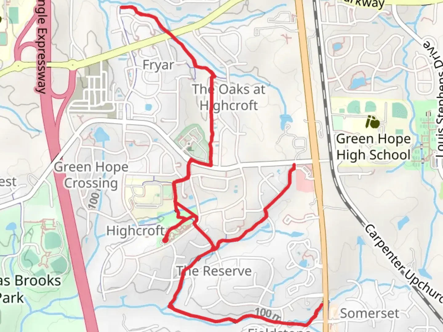 An image depicting the trail Batchelor Branch Greenway and Green Hope School Greenway and its surrounding area.